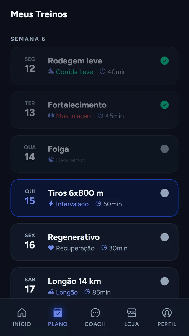 Treinos da semana passados pelo treinador, no app do clube
